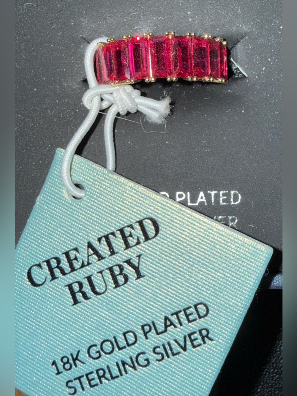 Red Created Ruby Baguette Ring - sterling silver with 18K gold plate size 7